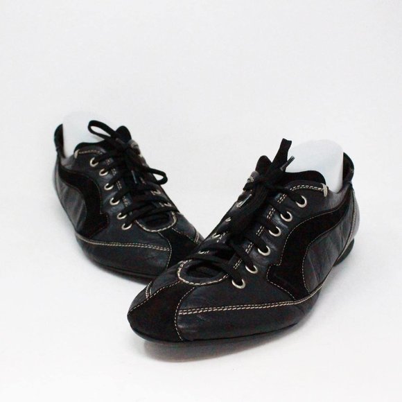 *ON SALE SALVATORE FERRAGAMO #38440 Black Leather & Suede Sneakers (US 10 EU 40)